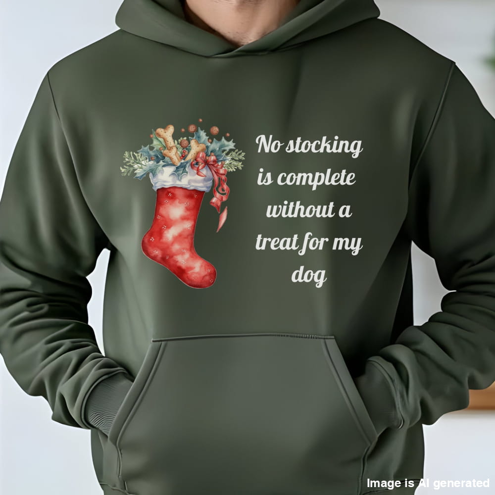 Military Green Christmas dog lover hoodie with a festive stocking filled with treats and a holiday quote reading “No stocking is complete without a treat for my dog.