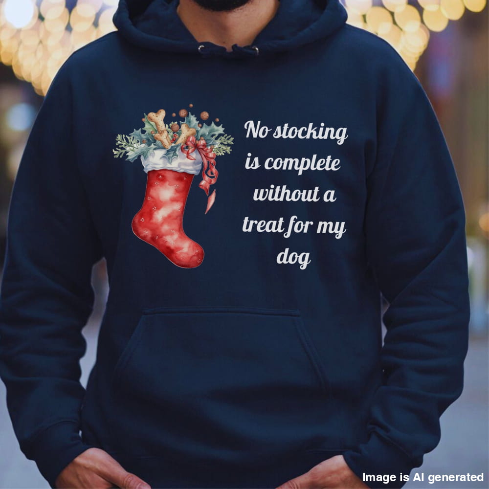 Navy Christmas dog lover hoodie with a festive stocking filled with treats and a holiday quote reading “No stocking is complete without a treat for my dog.