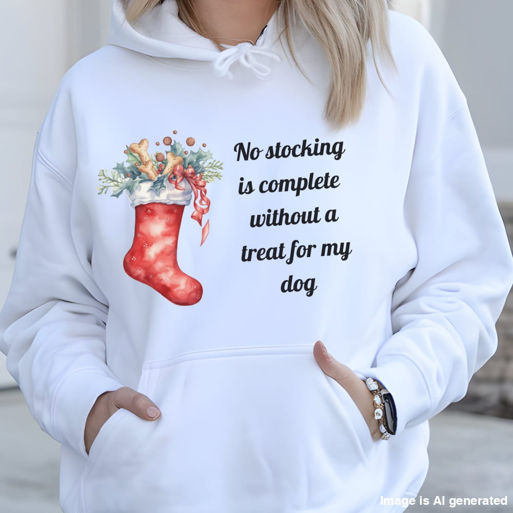 White Christmas dog lover hoodie with a festive stocking filled with treats and a holiday quote reading “No stocking is complete without a treat for my dog.