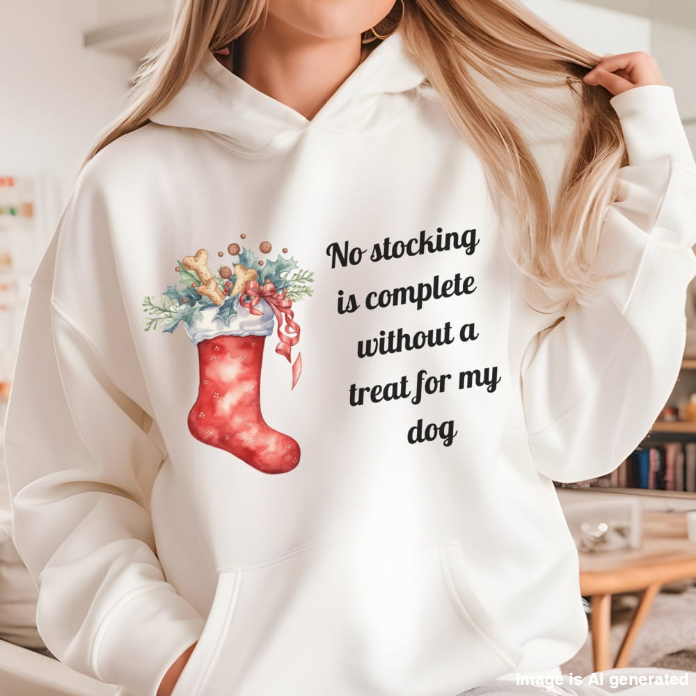 Beige Christmas dog lover hoodie with a festive stocking filled with treats and a holiday quote reading “No stocking is complete without a treat for my dog.