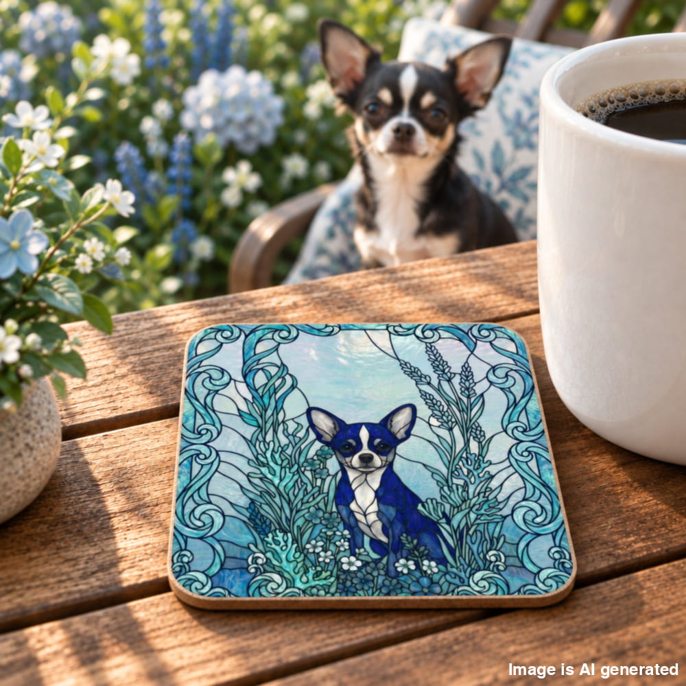 Blue-and-teal Stained Glass Style Chihuahua coaster on a table beside a white mug, with a Chihuahua in a flower garden.