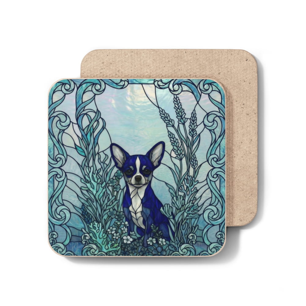 Two square cork coasters stacked, with the top coaster showing a decorative illustration of a Boston Terrier surrounded by ornate blue and teal botanical patterns. The bottom coaster shows the natural tan cork backing.