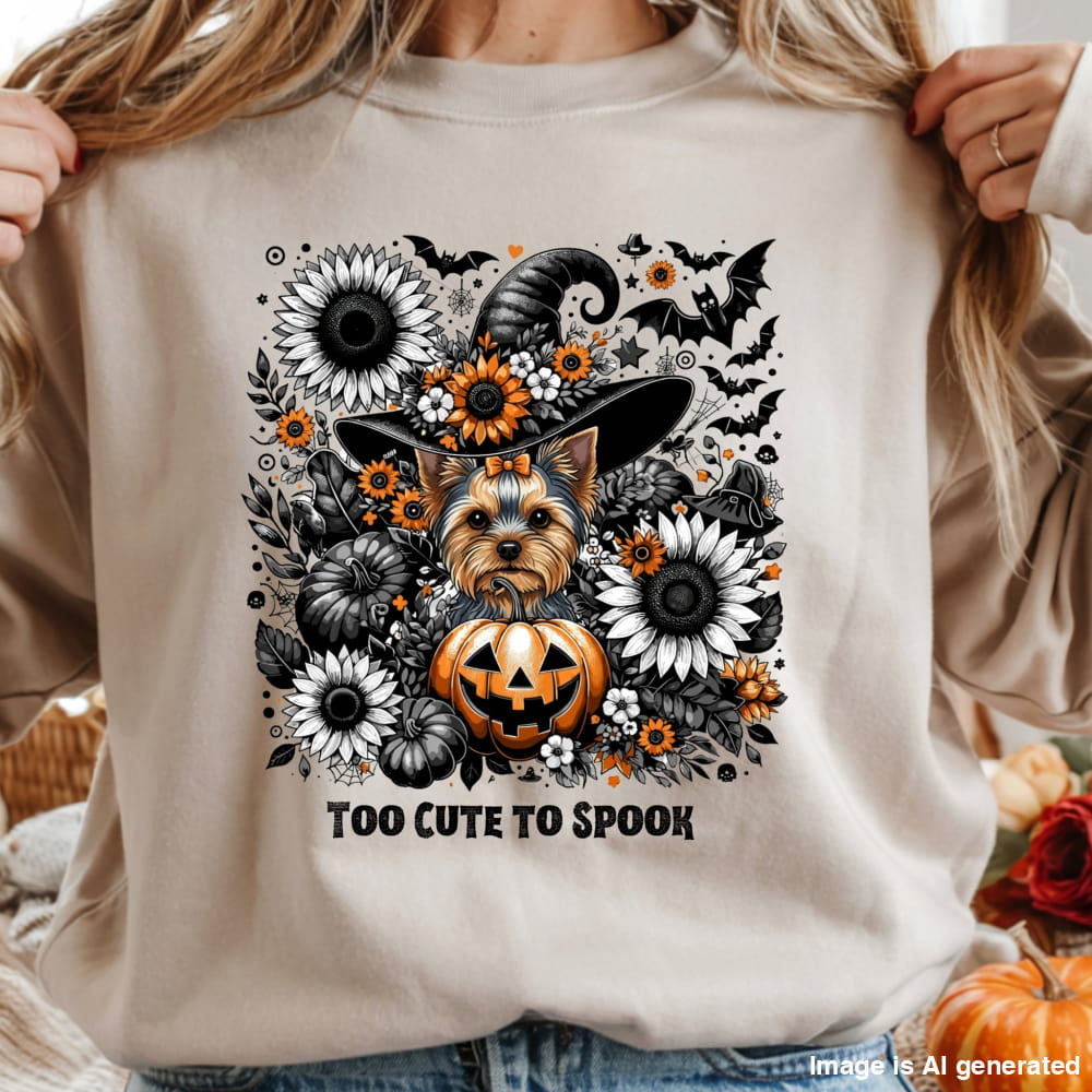 Beige sweatshirt with a dog in a witch hat surrounded by Halloween elements and 'Too Cute To Spook' text.