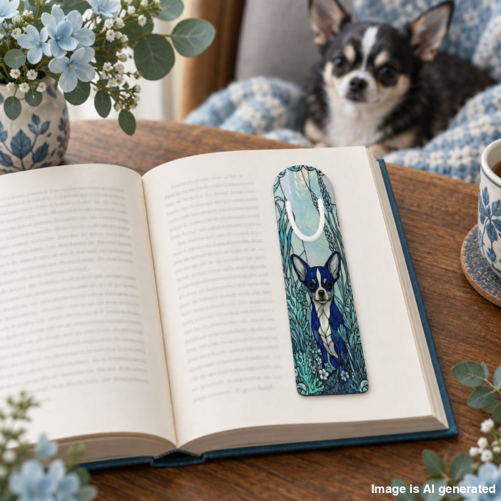 A decorative book bookmark featuring an illustration of a blue and white Chihuahua dog in a teal floral design, shown resting on an open book on a wooden table. A small black and white Chihuahua dog is sitting in the background on a blue patterned blanket.
