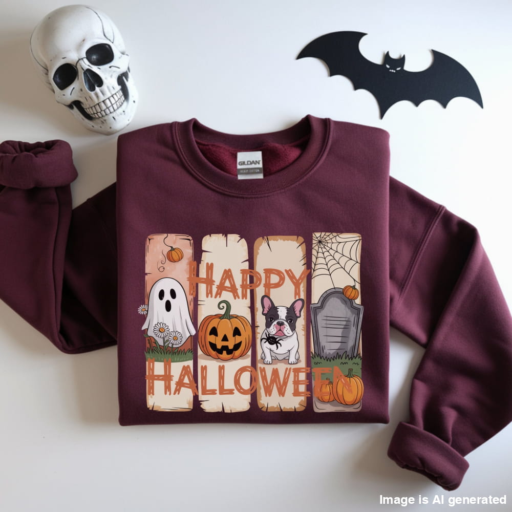Cozy Frenchie Halloween Sweatshirt – Dog Lover Gift - S / Maroon - SWEATSHIRTS
