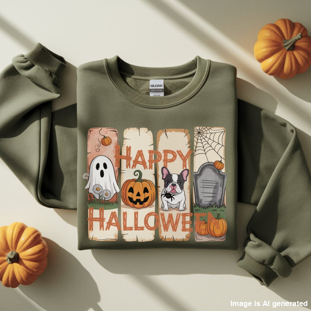 Cozy Frenchie Halloween Sweatshirt – Dog Lover Gift - S / Military Green - SWEATSHIRTS