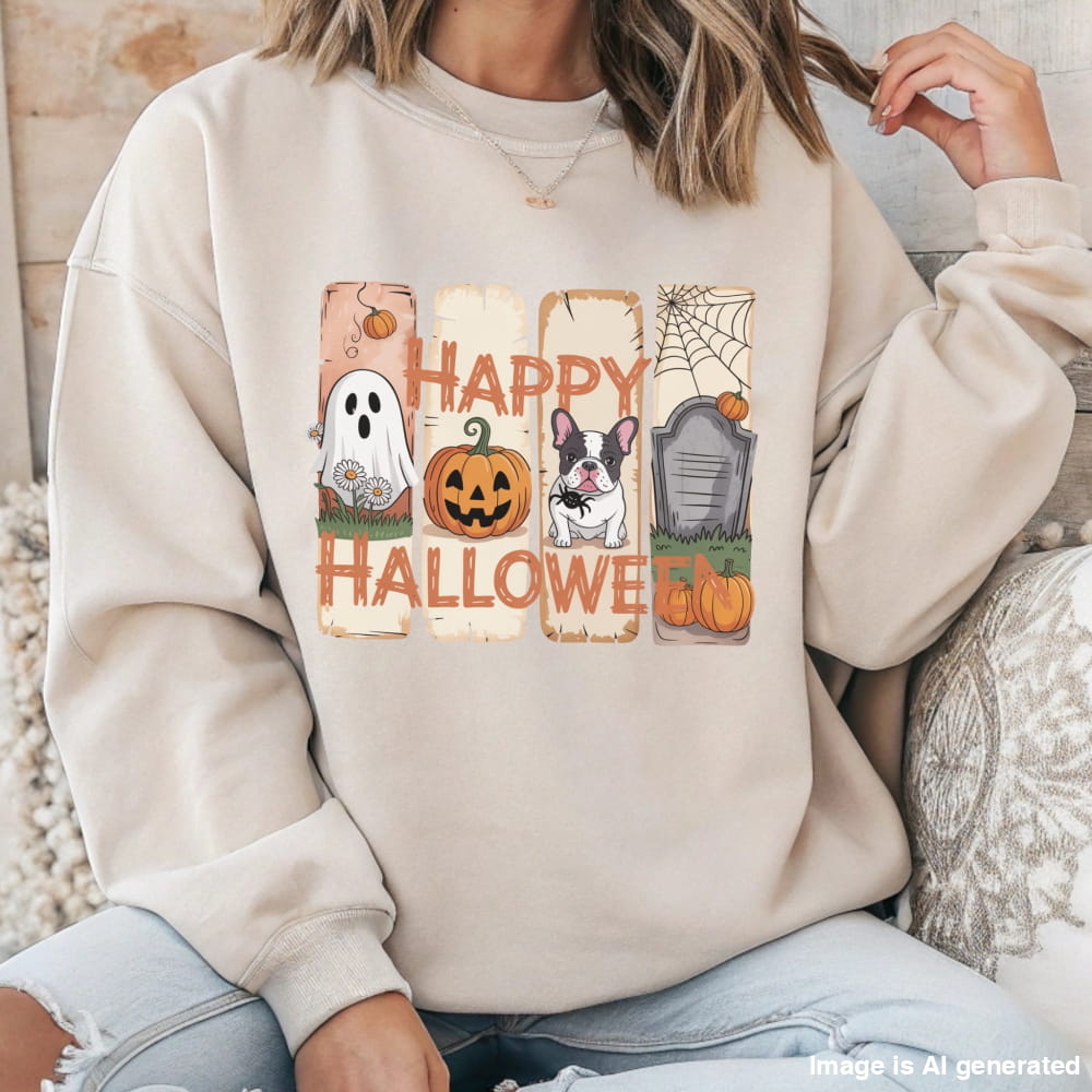 Sand sweatshirt with “Happy Halloween” design featuring a ghost, jack-o’-lantern, French Bulldog, gravestone, pumpkins, and cute autumn graphics.