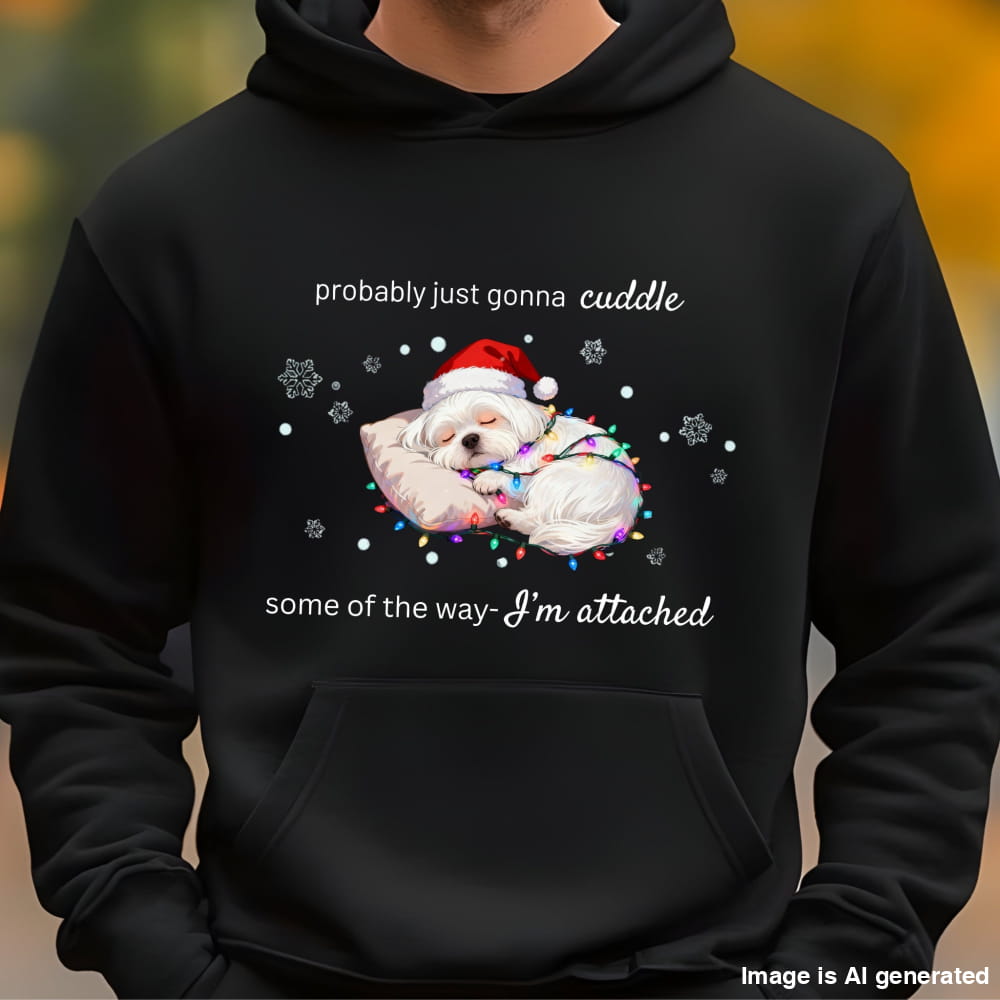 Black hoodie with a Christmas-themed design of two dogs in Santa hats and lights, text 'probably just gonna cuddle some of the way I'm attached'.