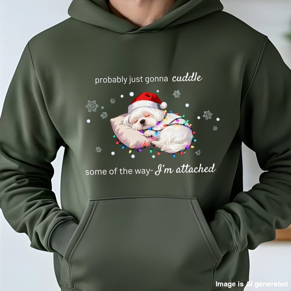 Green hoodie with a Christmas-themed design of a dog and text on a white background
