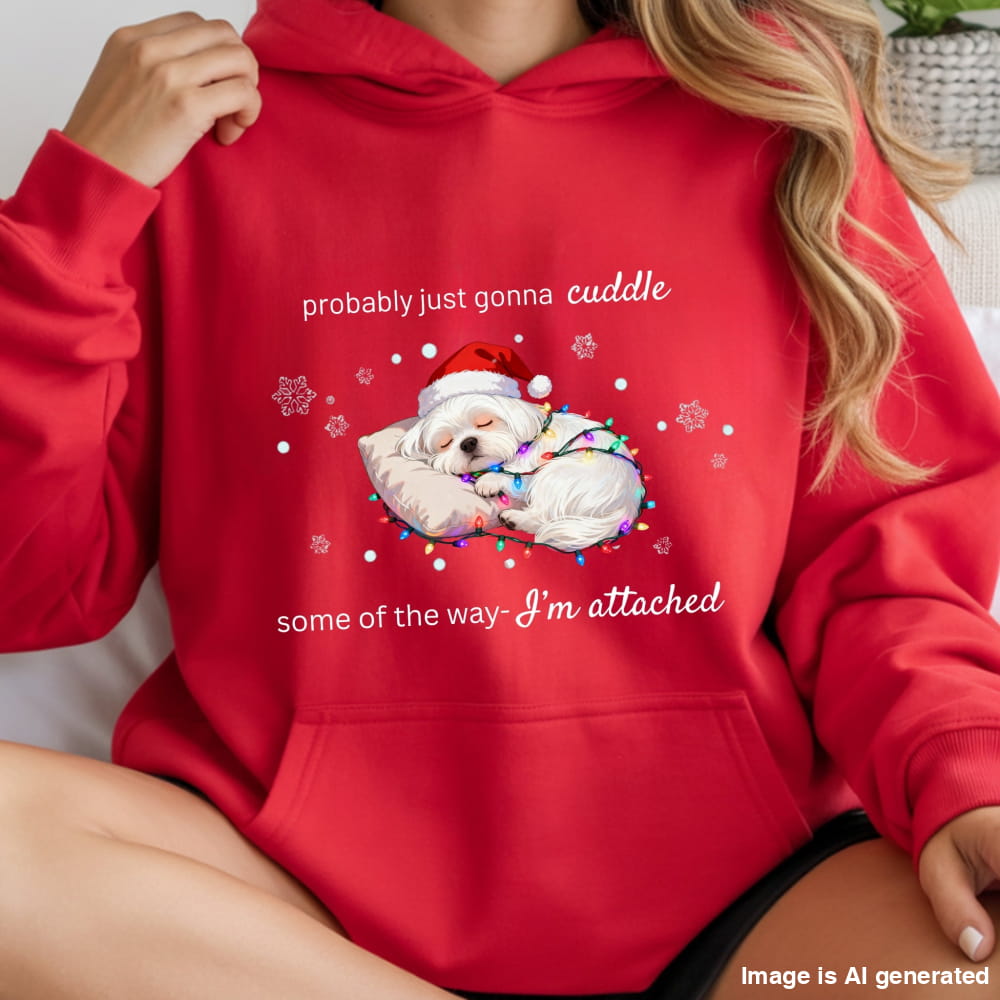 Red hoodie with a Christmas-themed design featuring a dog in a Santa hat and text.