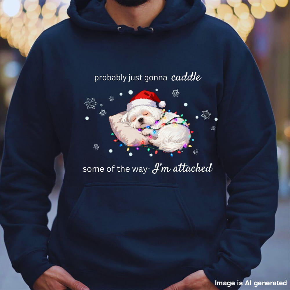 Navy blue hoodie with a Christmas-themed design featuring a dog in a Santa hat and lights, text 'probably just gonna cuddle some of the way I'm attached' on a blurred background.