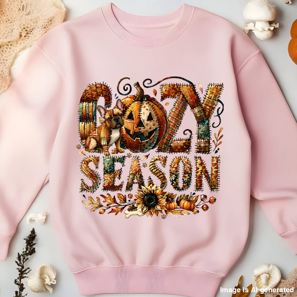 Pink sweatshirt with 'Gozy Season' design featuring a pumpkin and dog, surrounded by autumn elements.