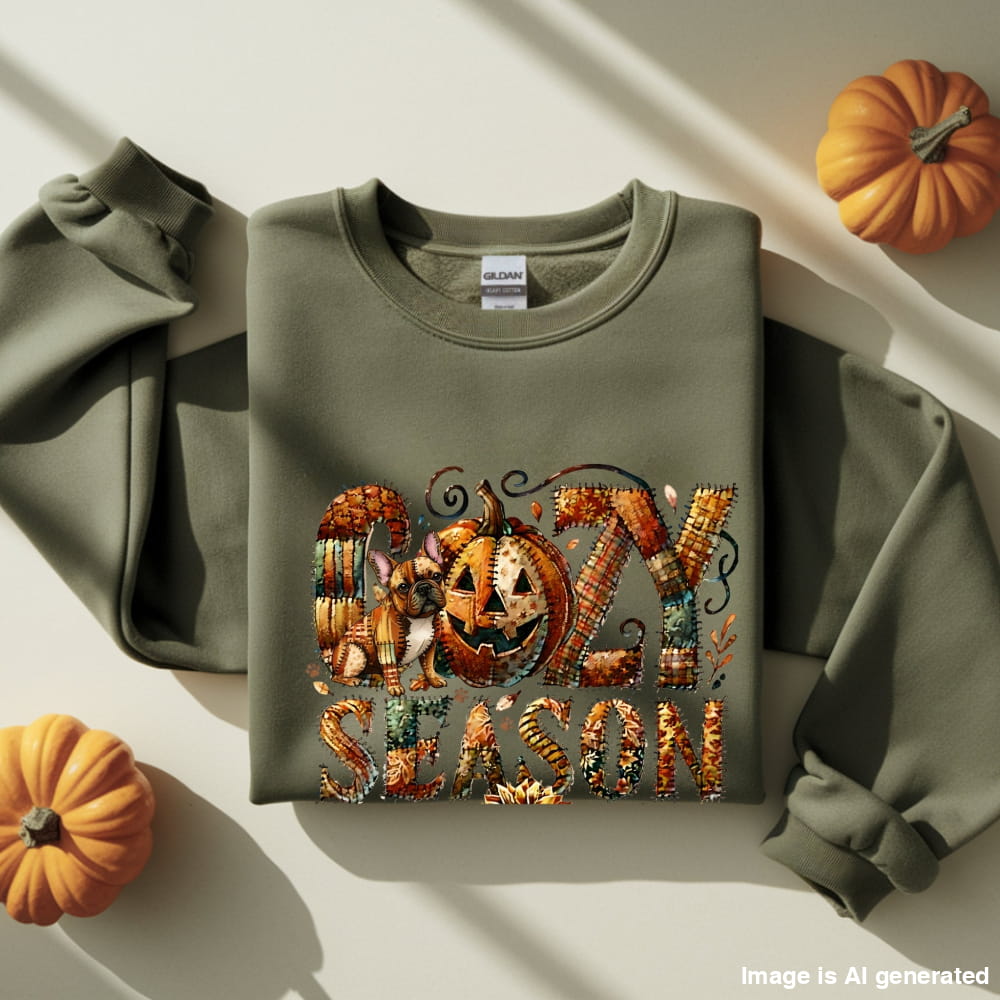 Cozy Season Frenchie Premium Sweatshirt – Autumn Patchwork Edition - S / Military Green - SWEATSHIRTS