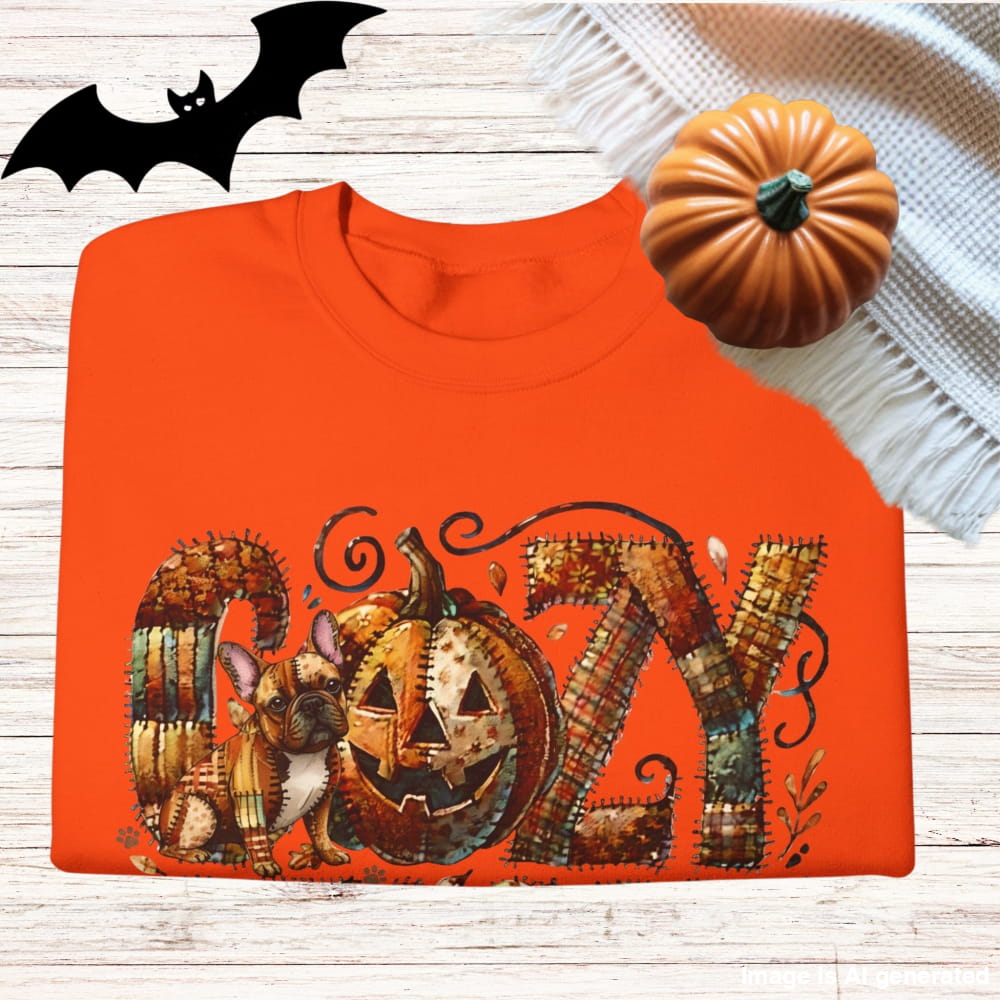 Cozy Season Frenchie Premium Sweatshirt – Autumn Patchwork Edition - S / Orange - SWEATSHIRTS