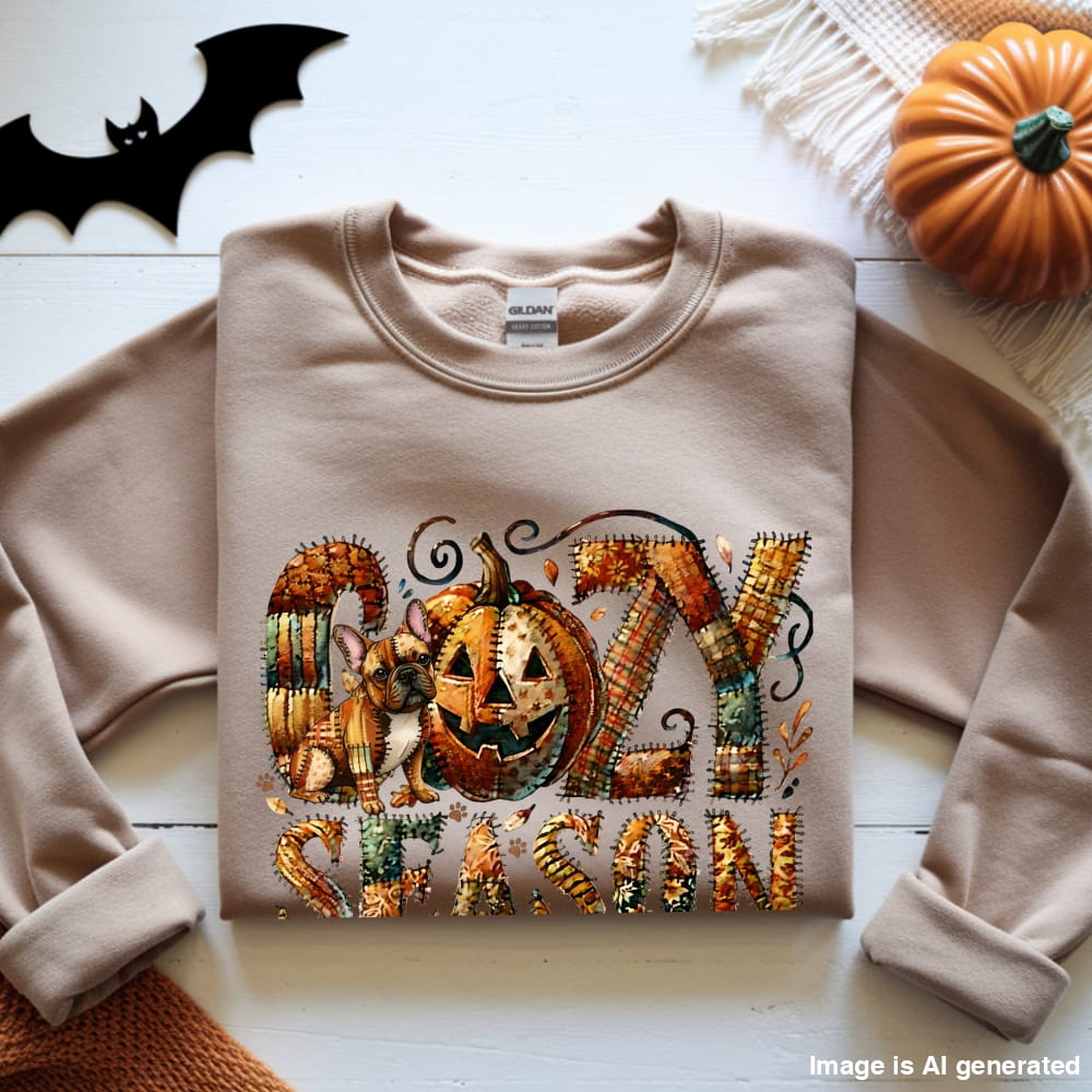 Cozy Season Frenchie Premium Sweatshirt – Autumn Patchwork Edition - S / Sand - SWEATSHIRTS