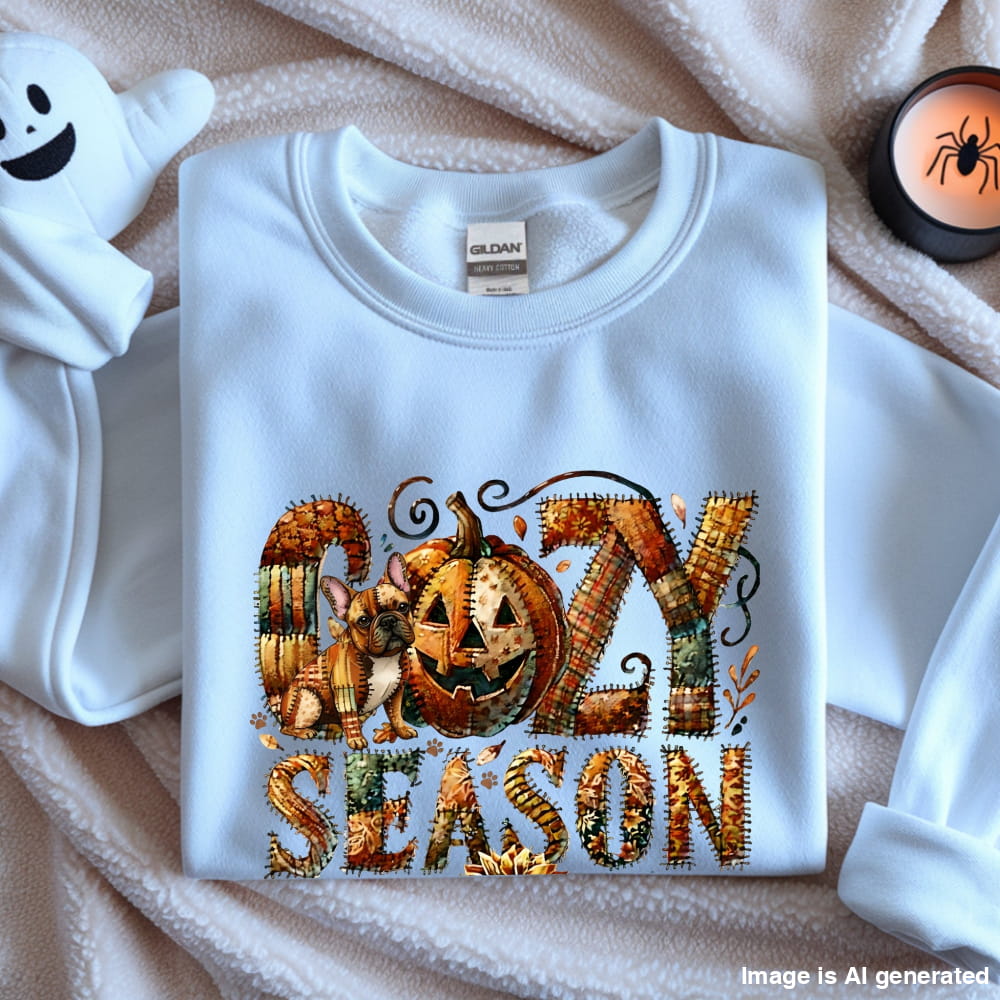 Cozy Season Frenchie Premium Sweatshirt – Autumn Patchwork Edition - S / White - SWEATSHIRTS