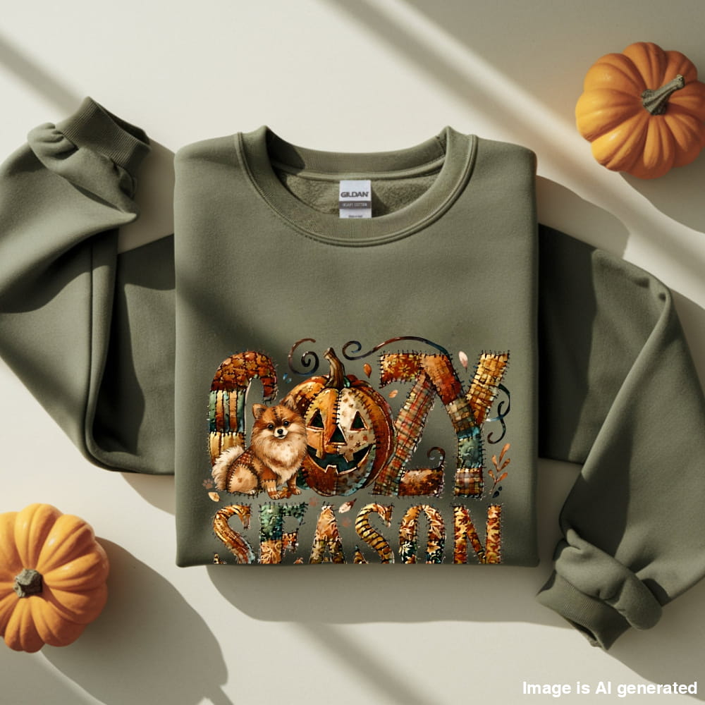 Cozy Season Pomeranian Premium Sweatshirt – Autumn Halloween Patchwork Edition - S / Military Green - SWEATSHIRTS
