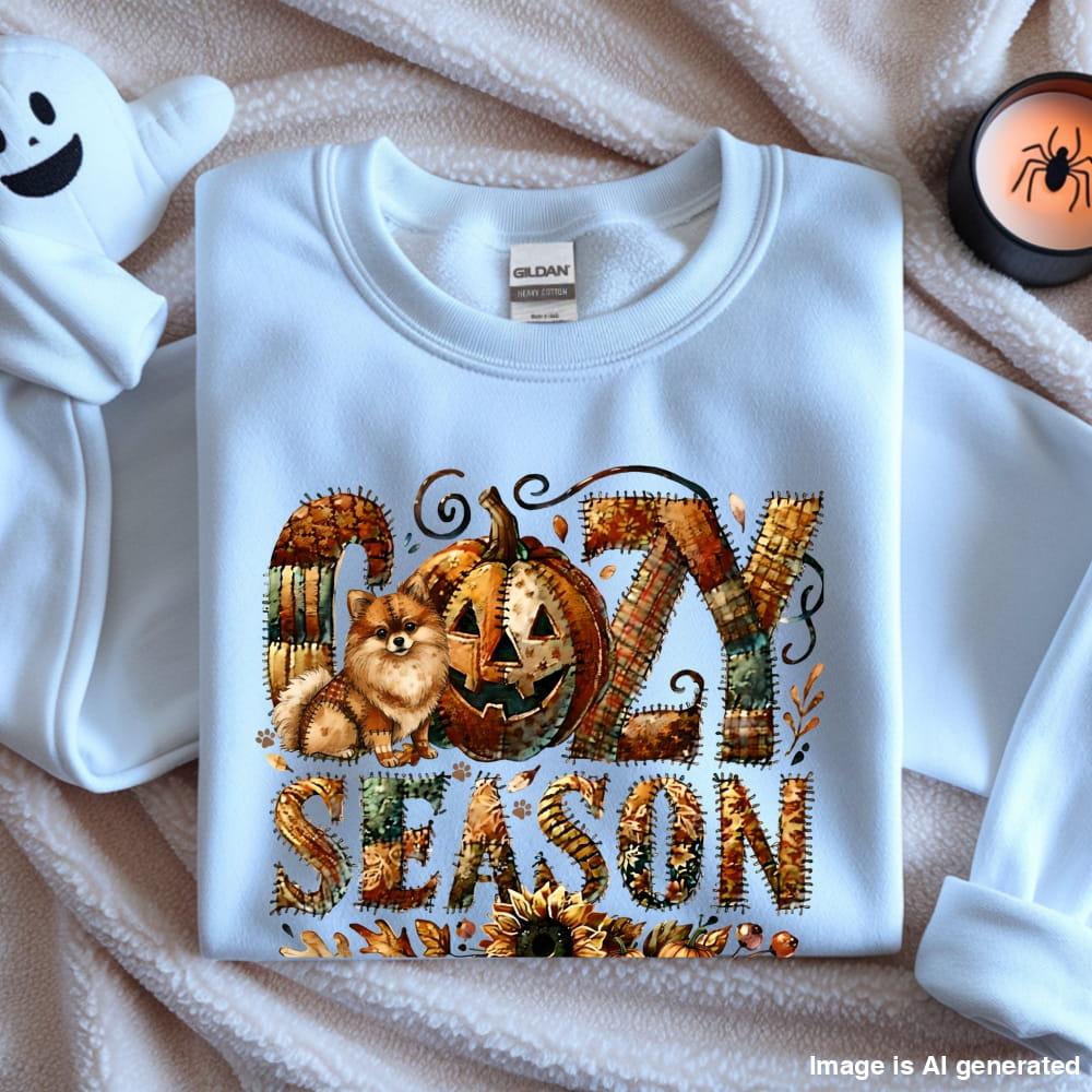 Cozy Season Pomeranian Premium Sweatshirt – Autumn Halloween Patchwork Edition - S / White - SWEATSHIRTS
