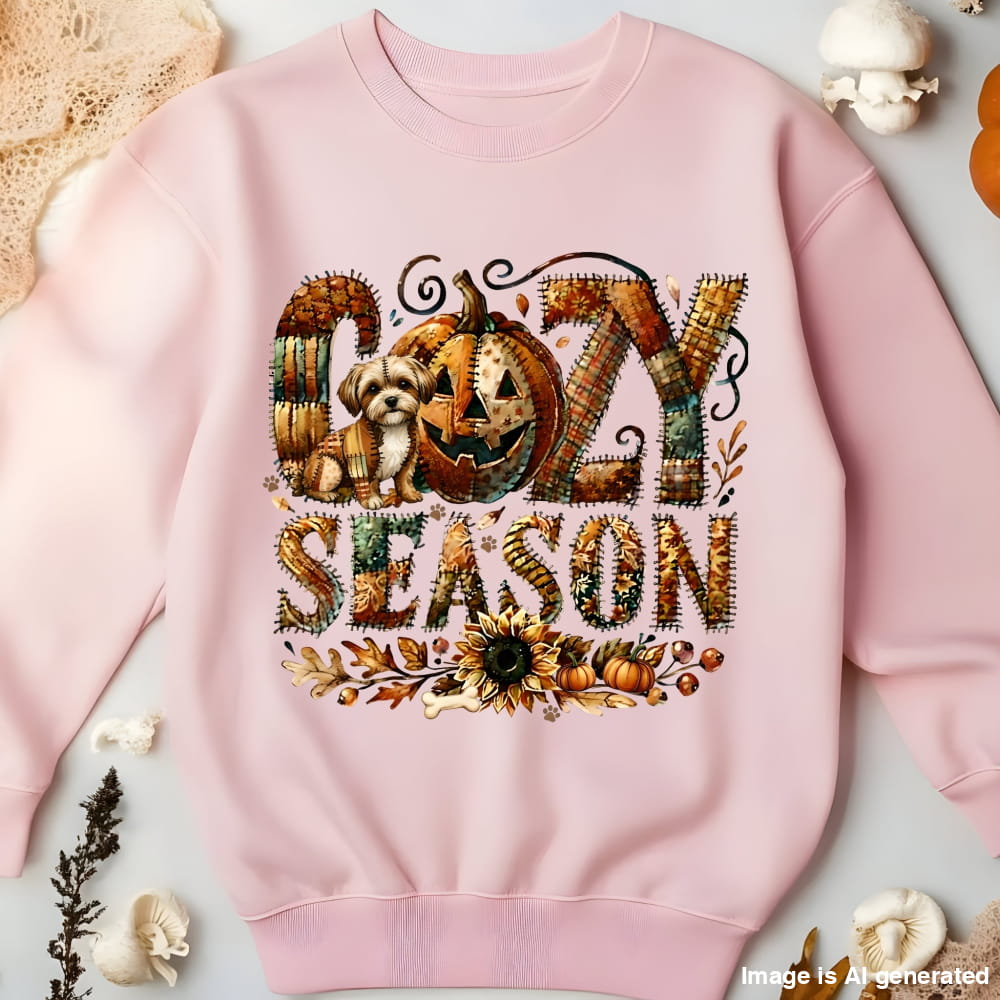 Cozy Season Shi Tzu Premium Sweatshirt – Autumn Halloween Patchwork Edition - S / Light Pink - SWEATSHIRTS