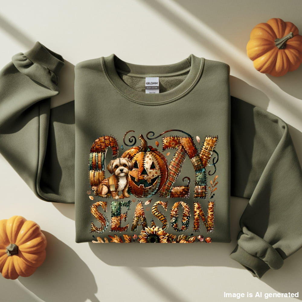 Cozy Season Shi Tzu Premium Sweatshirt – Autumn Halloween Patchwork Edition - S / Military Green - SWEATSHIRTS