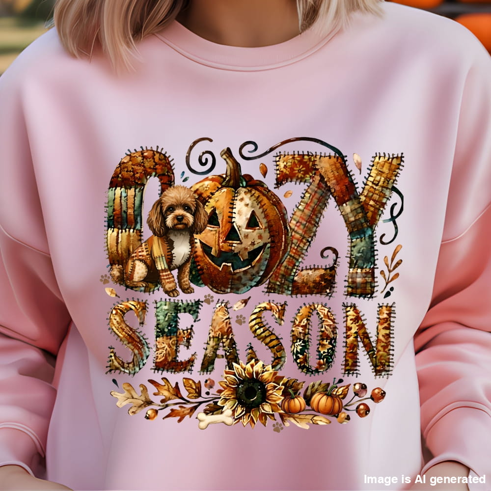 Pink sweatshirt with Halloween-themed design featuring pumpkins and text on a blurred background