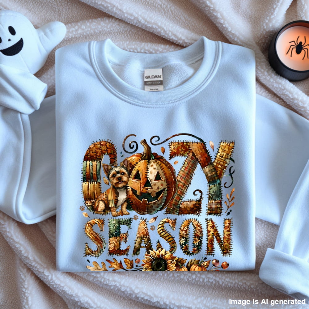 Cozy Season Yorkie Premium Sweatshirt – Autumn Halloween Patchwork Edition - S / White - SWEATSHIRTS