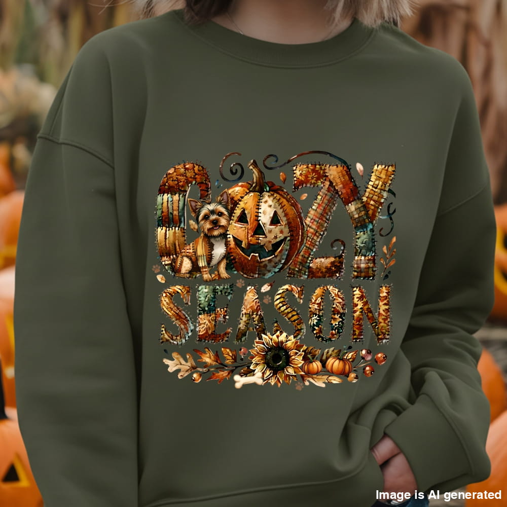 Green sweatshirt with 'Halloween Season' design featuring pumpkins and a dog.
