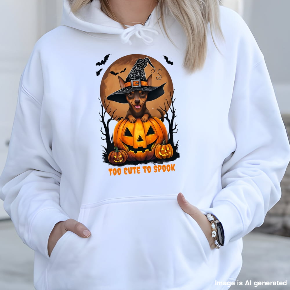 White hoodie with a Halloween-themed design featuring a dog in a witch hat on a pumpkin.