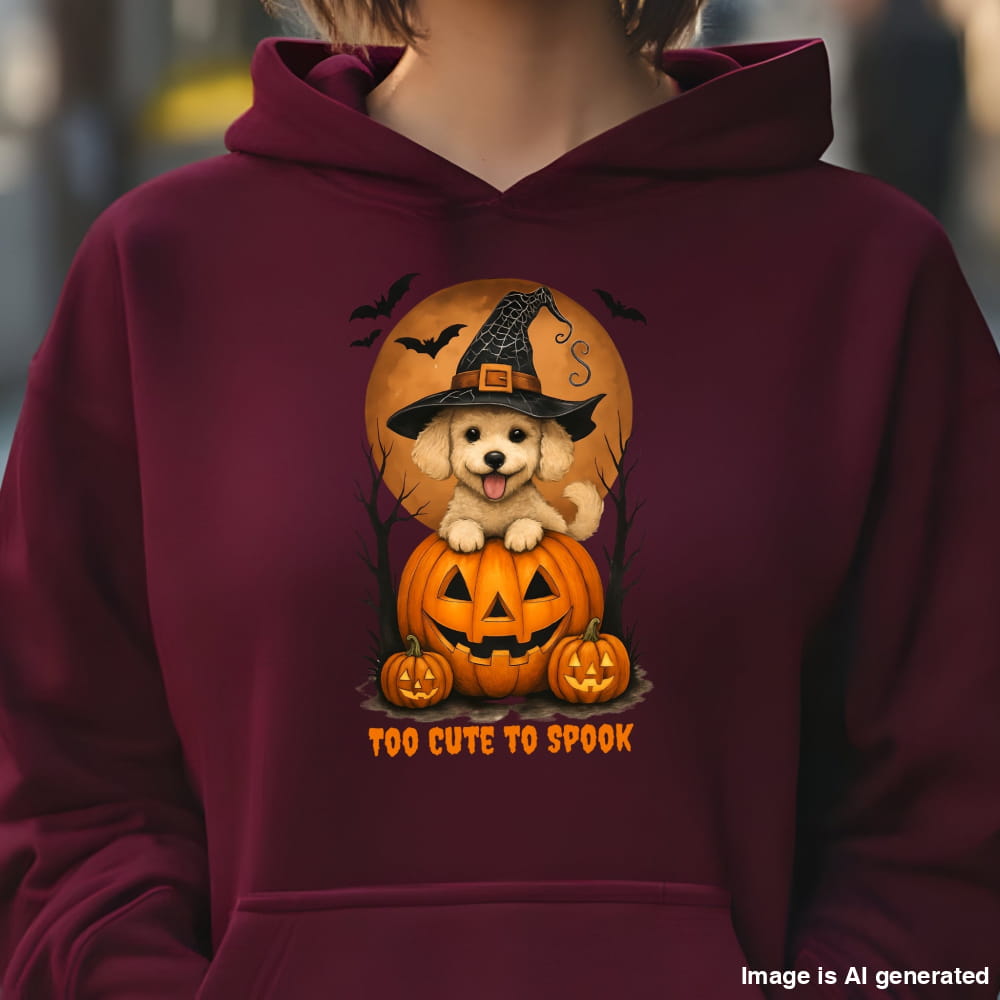 Maroon hoodie with a Halloween-themed design featuring a dog in a witch hat on a pumpkin.