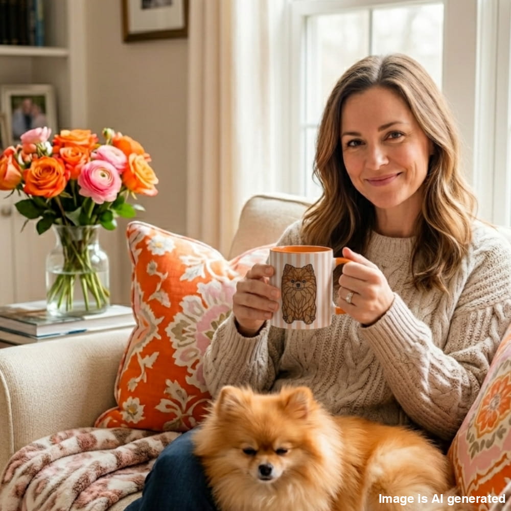 Woman sitting on a couch holding a mug with a dog design, surrounded by colorful pillows and flowers.