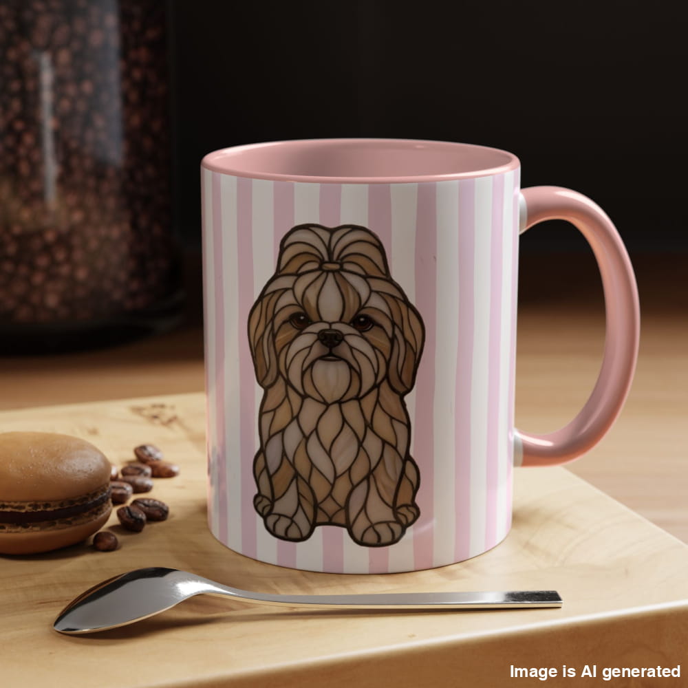 Cute Light Pink Striped Shi Tzu Ceramic Cup - 11oz / Pink - Mug