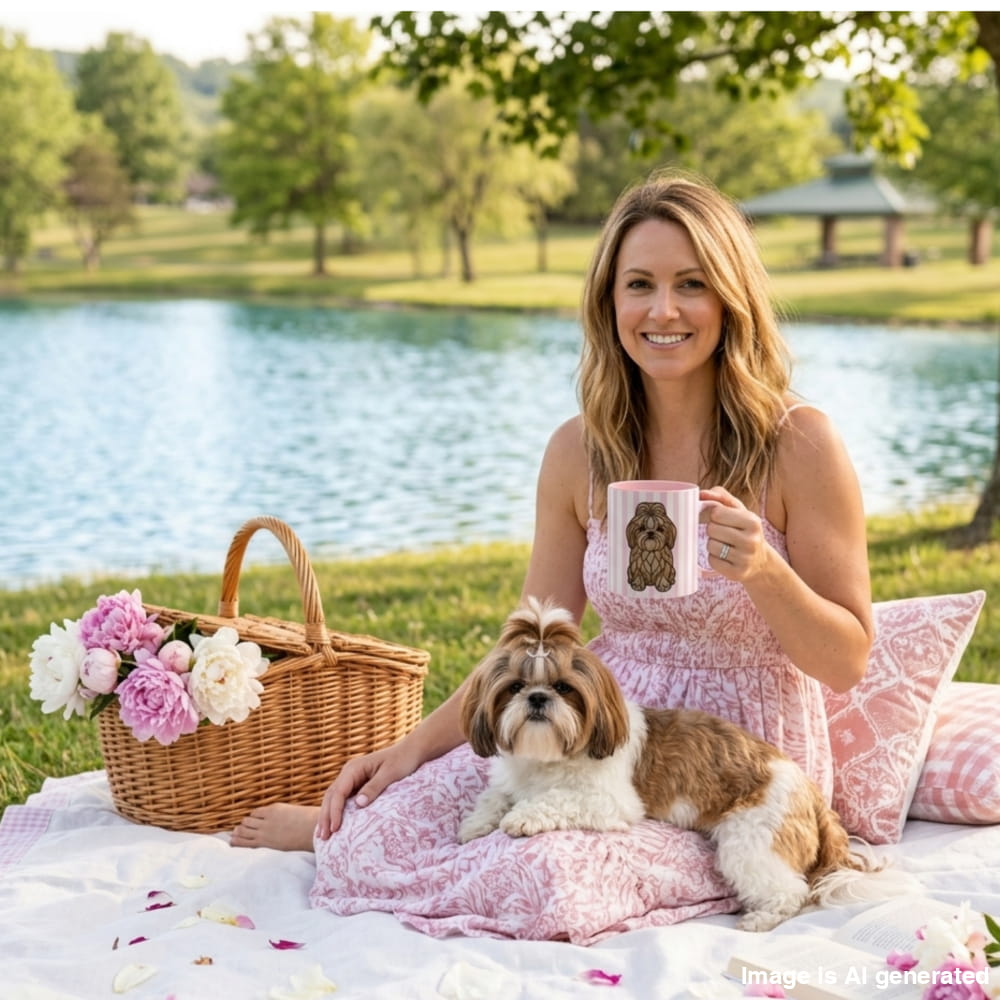 Woman in a pink dress holding a mug with a dog design, sitting on a blanket by a lake with a dog and picnic basket.