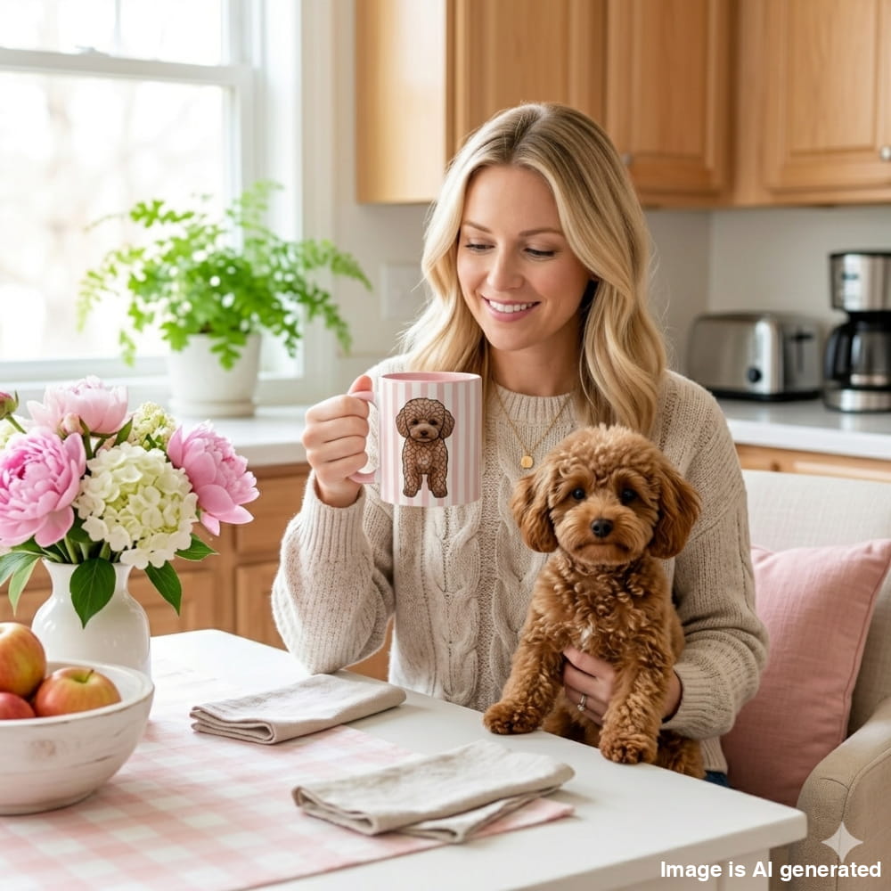 Woman holding a mug with a dog design, sitting at a kitchen table with a dog on her lap.