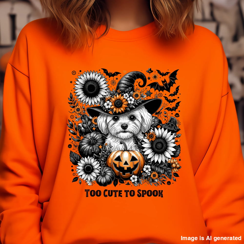 Orange sweatshirt with Halloween-themed design featuring a dog in a witch hat and pumpkin, surrounded by flowers and text 'Too Cute to Spook'.