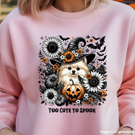 Pink sweatshirt with a Halloween-themed design featuring a dog in a witch hat and pumpkins.