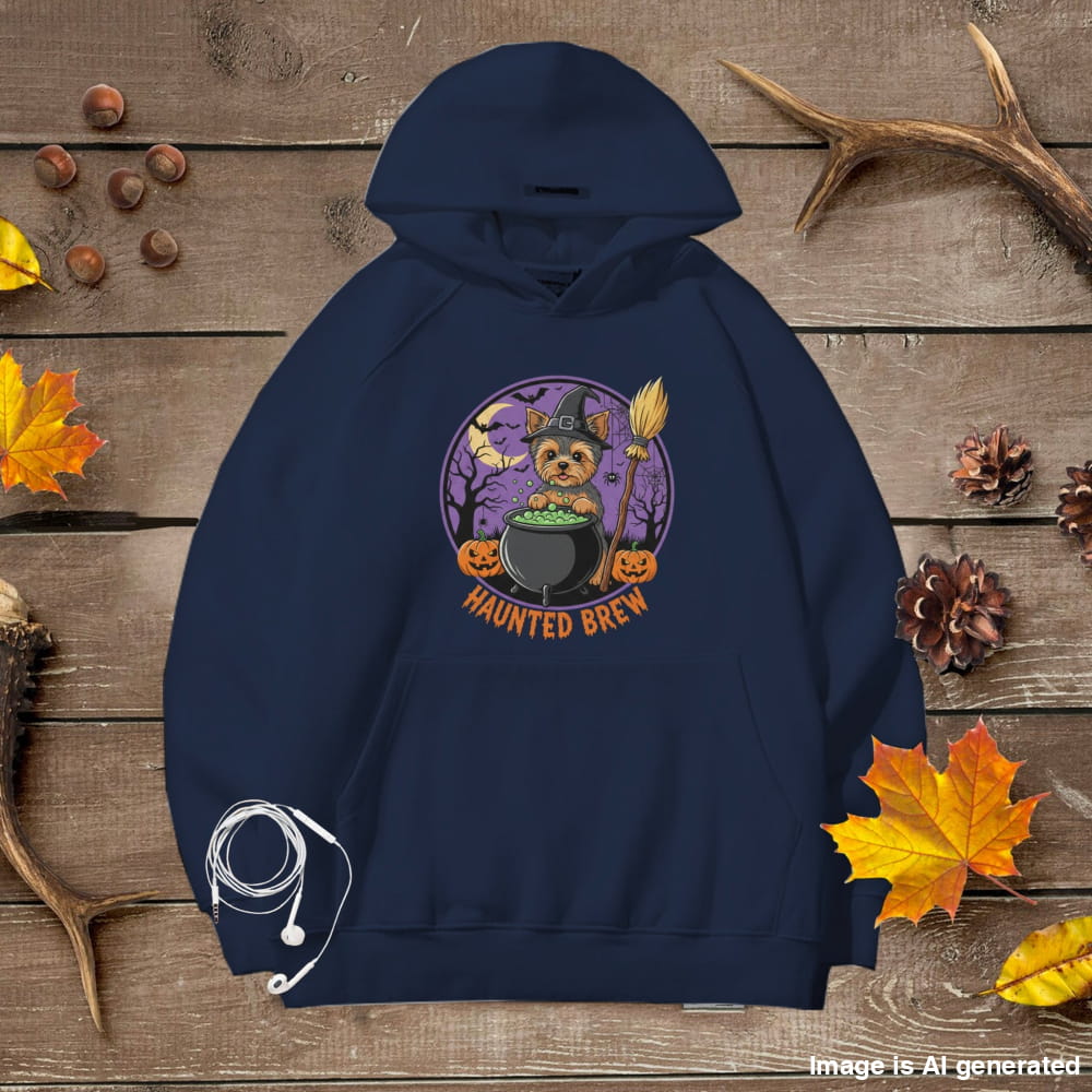 Cute Yorkie Halloween Unisex Premium Hoodie Witch Cauldron - Navy / S - HOODIES
