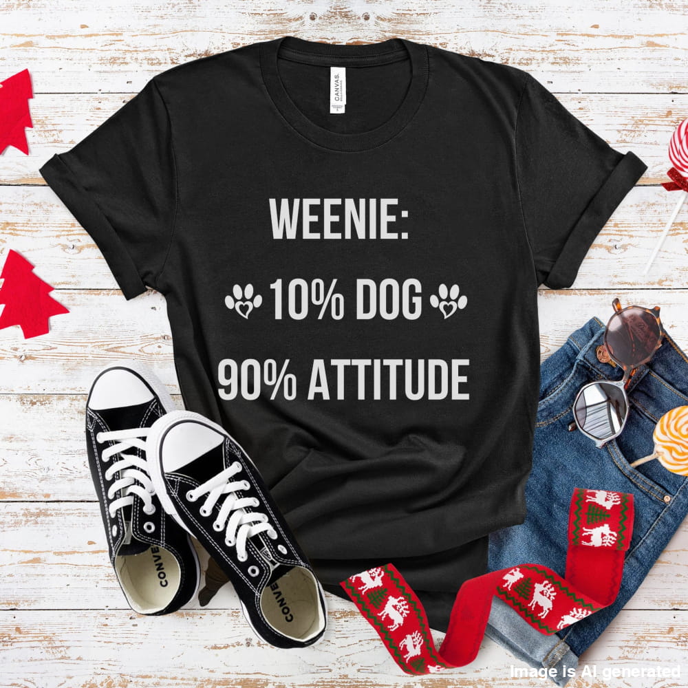 Black t-shirt with 'Weenie: 10% Dog 90% Attitude' text, paired with sneakers and socks on a wooden surface.