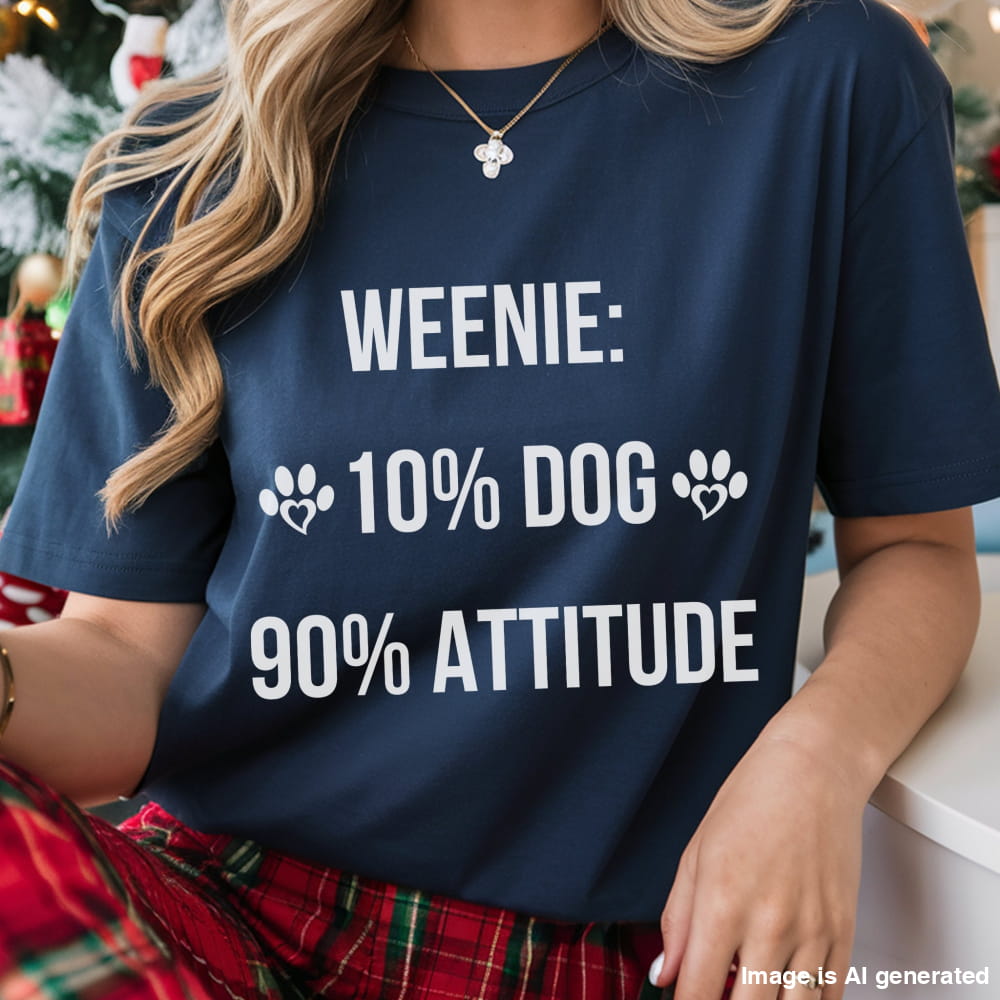Person wearing a navy blue t-shirt with humorous text design.