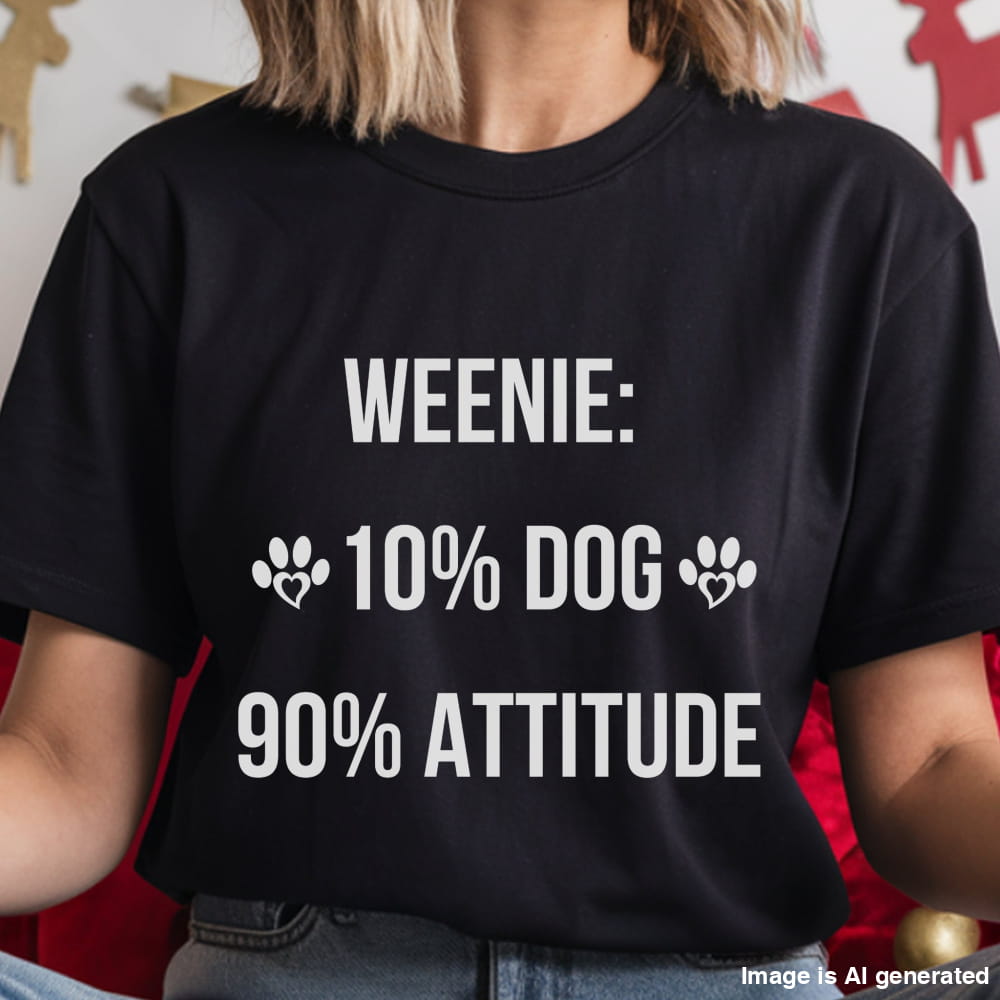 Person wearing a black t-shirt with humorous text design.