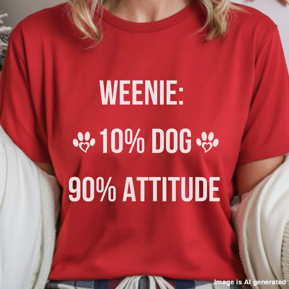 Red t-shirt with white text and paw graphics worn by a person.