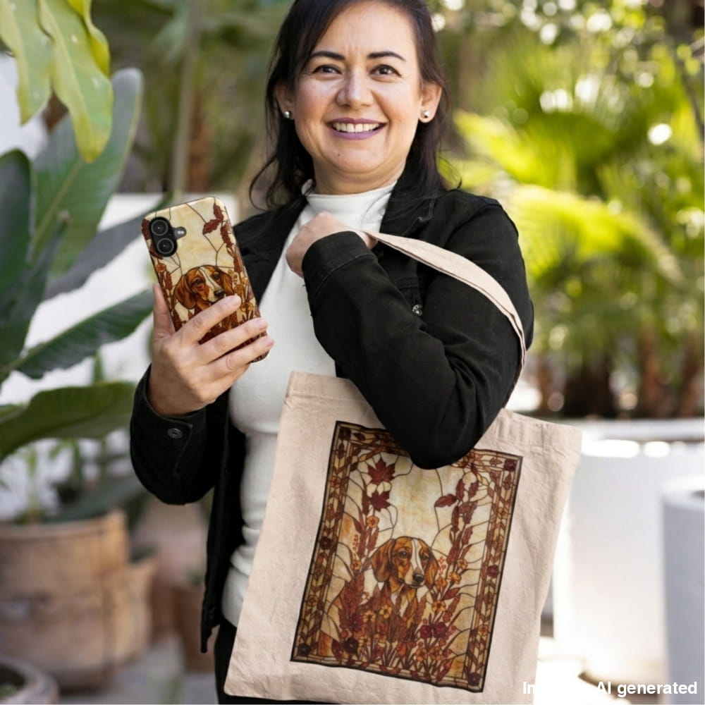 A woman outdoors holds a beige canvas tote bag with a brown and gold dog illustration print, while also holding a matching phone case. The background features blurred green foliage.