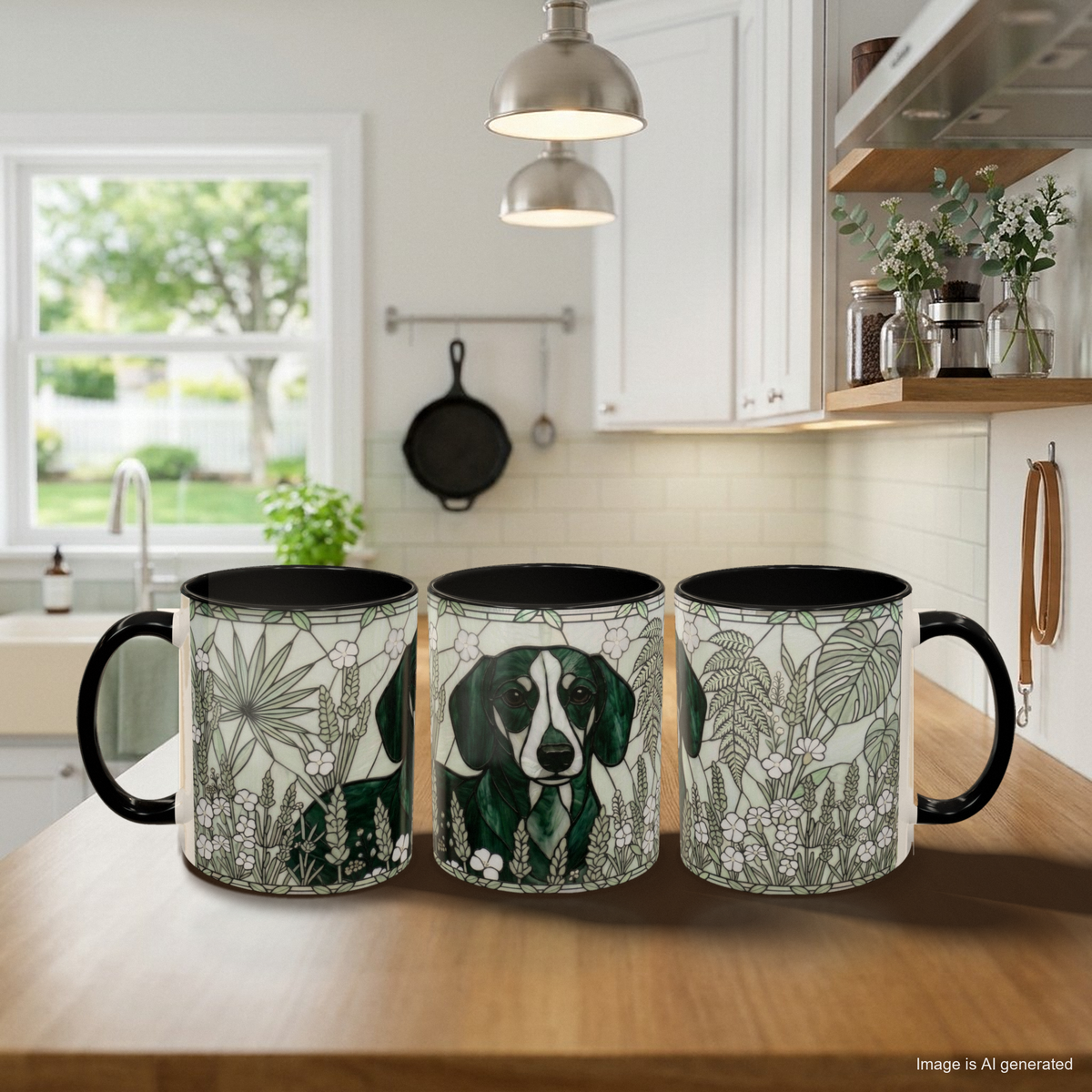 Dachshund lover mug in Botanical Green shown in three views: handle left, front, handle right