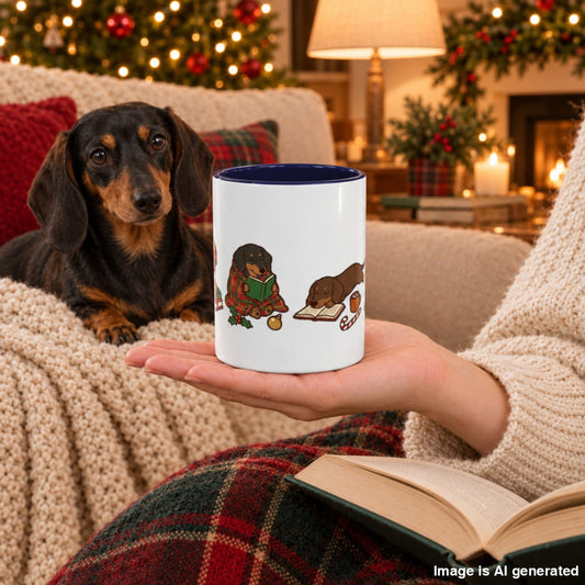 A white ceramic mug with a dark blue interior rim and a cartoon illustration of two dachshunds, held in a person's hand. A real dachshund sits on a couch in a cozy, warmly lit living room setting with a fireplace, lamp, and Christmas decorations in the background.