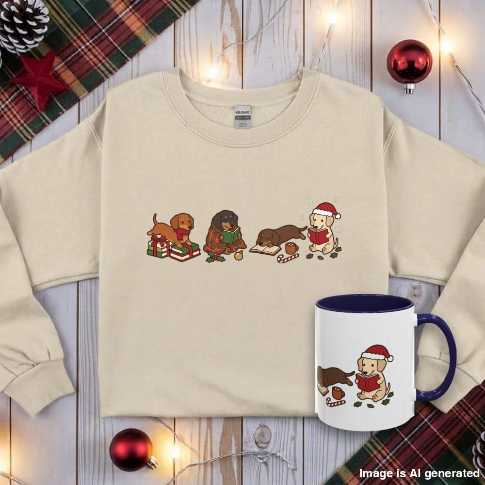 Flat lay of a sand Dachshund Christmas Reading sweatshirt with four Dachshunds reading, next to a white mug with a navy interior.