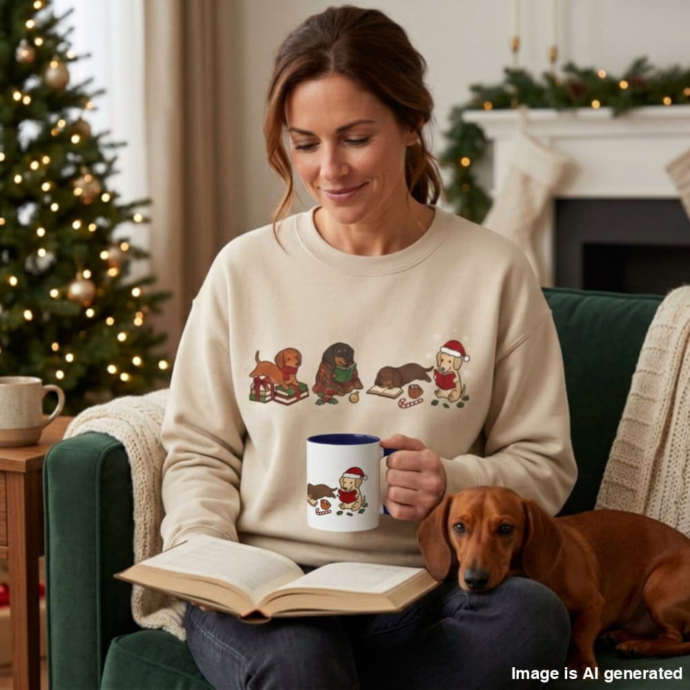 A woman sits on a green armchair in a cozy living room, wearing a cream sweatshirt with a graphic of four dachshunds wearing Santa hats. She holds a matching mug and an open book, with a brown dachshund resting on her lap.