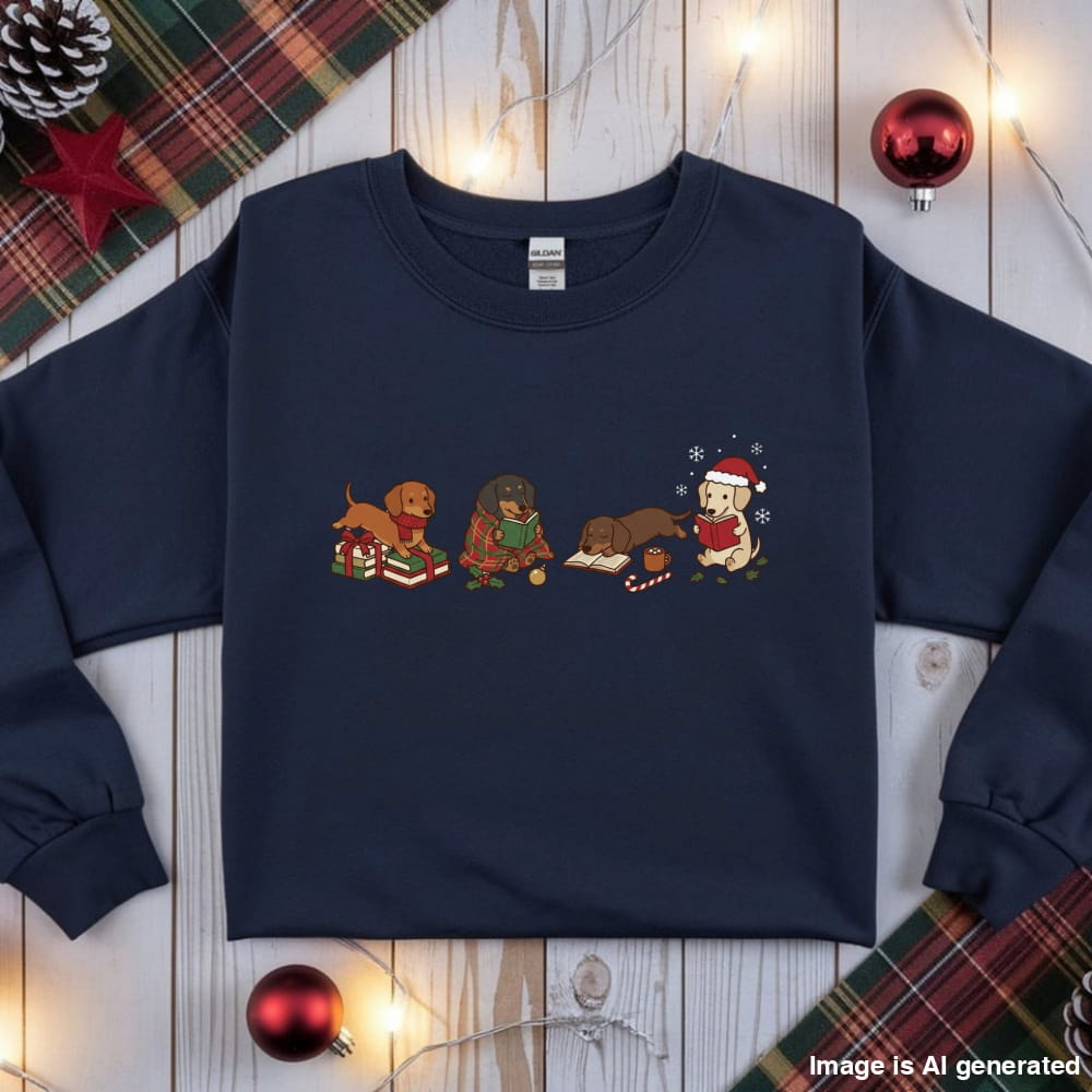 Navy Dachshund Christmas Reading Sweatshirt, flat lay with holiday ornaments, string lights and plaid fabric