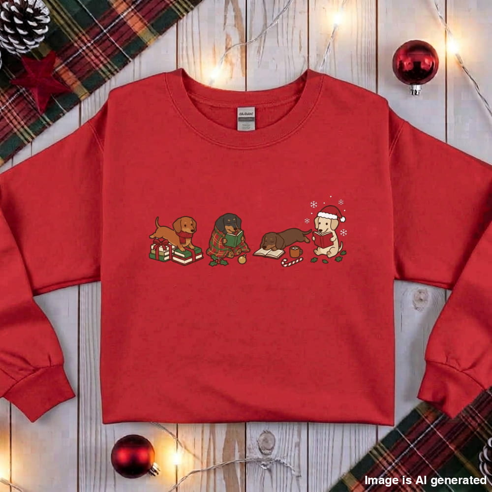 Red Dachshund Christmas Reading Sweatshirt, flat lay with holiday ornaments, string lights and plaid fabric