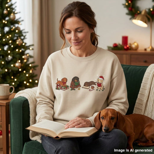 Woman in a sand Dachshund Christmas Reading Sweatshirt reading a book in a cozy, Christmas-decorated room with her small dog beside her