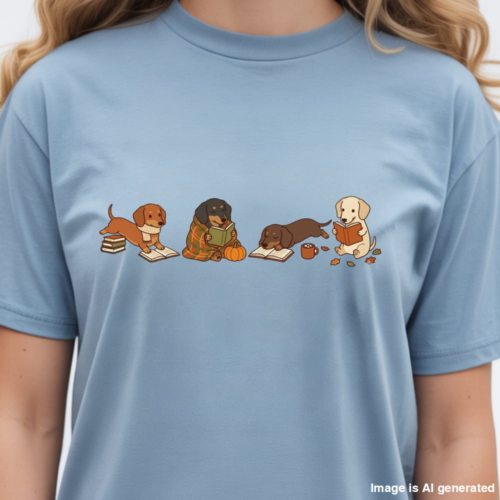 A light blue crewneck t-shirt featuring a graphic print of four cute cartoon dogs reading books, worn by a model.