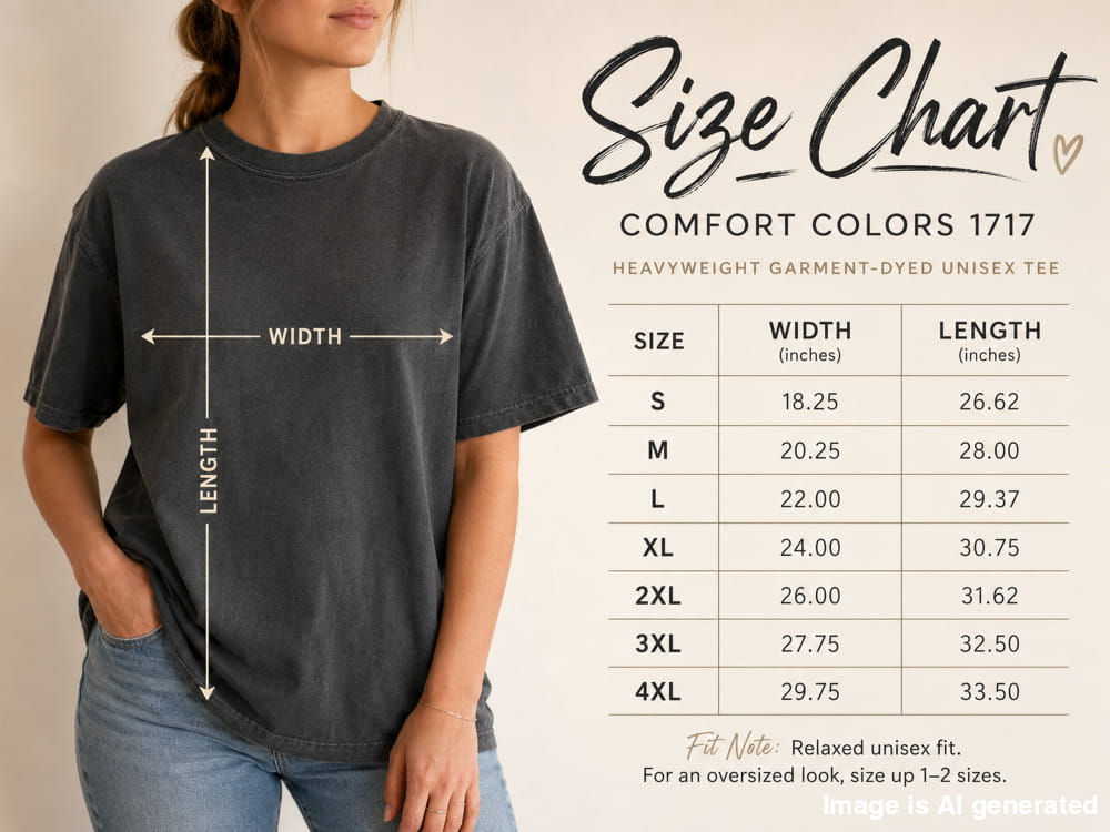 A size chart graphic showing a woman wearing a dark charcoal Comfort Colors 1717 unisex tee, with arrows marking width and length measurements. The right side includes a size table from S to 4XL with width and length in inches, and Comfort Colors branding.